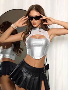 SHEIN ICON 女款性感銀色掛脖短版背心上衣，街頭風 - 銀色 - 查看 3