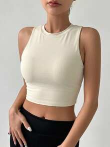 DAZY Women's Sleeveless Solid Color Ruched Back Hollow Out Sports Bra With Padded Cups - Beige - View 6