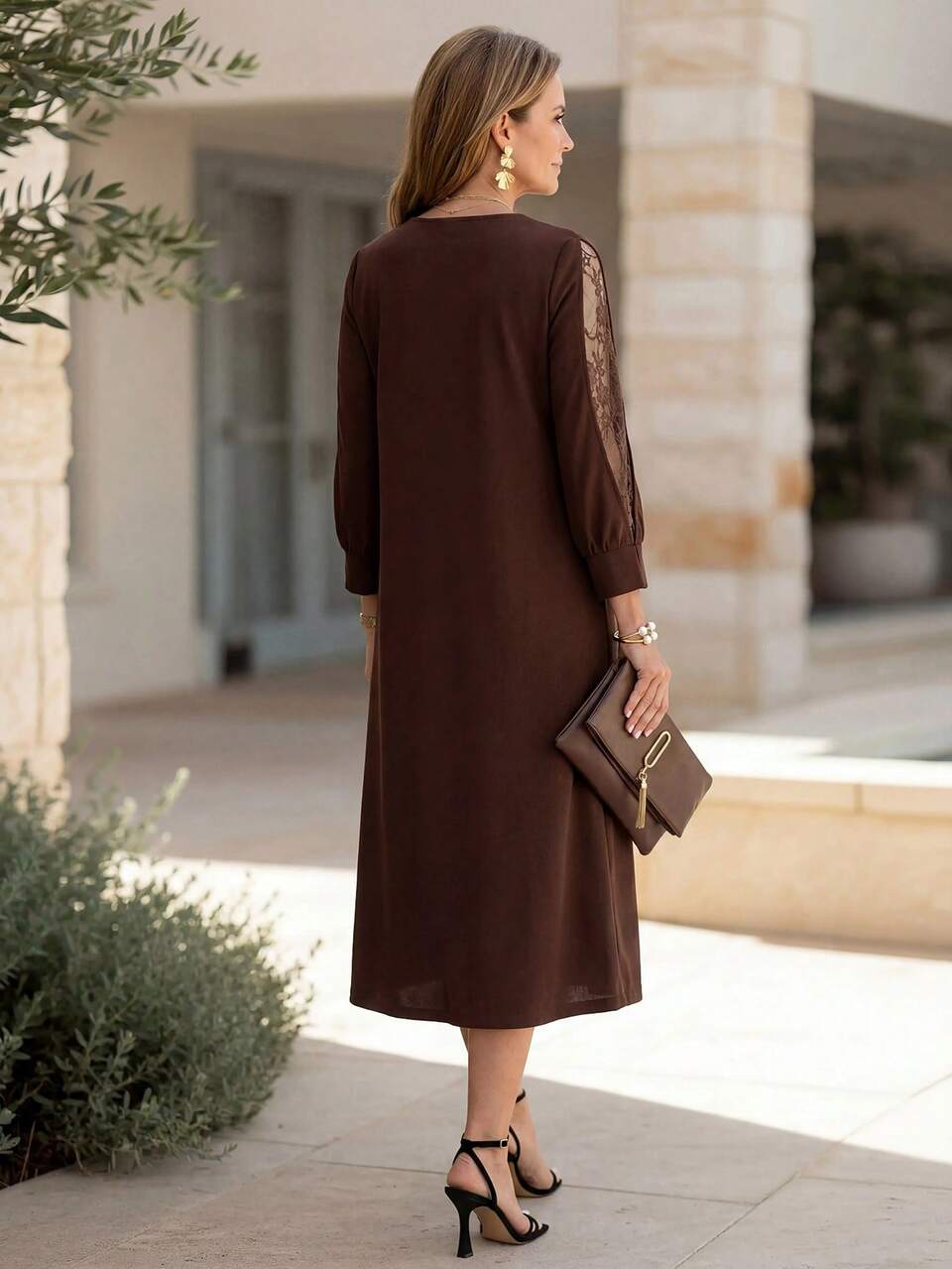Middle-Aged Women Lace Patchwork Casual Daily Wear Dress