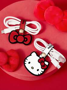 HELLO KITTY AND FRIENDS | SHEIN Cartoon Cat Print Cable Organizer Set, 2-Piece Cute Leather Cord Ties With Snap Closure, Reusable Cable Management Clips For Earphones, Charging Cables & Travel - Multicolor - View 2