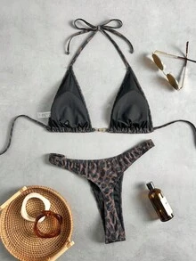 Swim Vcay 女款夏季海灘豹紋掛脖綁帶性感比基尼三角褲兩件式泳衣套裝 - 彩色 - 查看 3