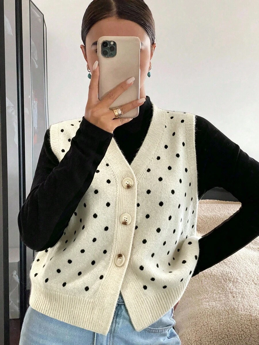 Siren Gaze Women's Polka Dot Pattern Single-Breasted Casual Versatile Knit Vest