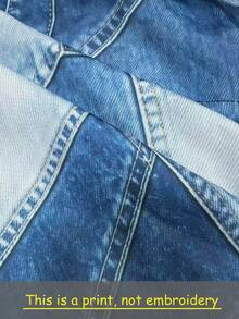 SHEIN LUNE 女款牛仔效果印花缺口V領休閒襯衫 - 藍色 - 查看 3