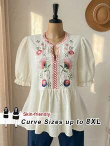 SHEIN CURVE+ 大尺碼花卉刺繡優雅度假風T恤 - 杏色 - 查看 10