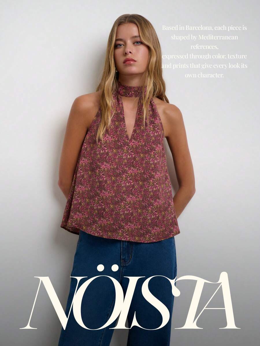 Nöista Floral Mandarin Collar Top With A-Line Fit For Summer Vacation And Casual Chic Looks. - Coffee Brown - View 1