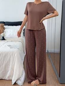 DAZY Women's Solid Color Round Neck Short Sleeve T-Shirt And Polka Dot Print Long Pants Pajama Set - Coffee Brown - View 5