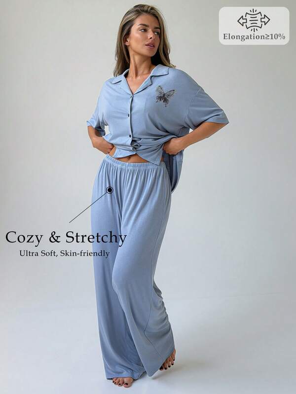 Livesso Women's Comfortable Loose Butterfly Print Pajama Set For Summer Home Wear