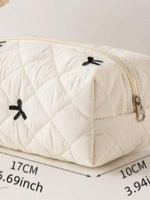 1Pc Quilted Bow Embroidered Cosmetic Bag, Lightweight Fluffy Zipper Travel Toiletry Pouch, Multi-Purpose Storage Case For Makeup, Tampons & Sanitary Pads, Portable Organizer For Daily School & Travel Use, Back To School Supplies - Beige - View 8