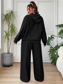 SHEIN EZwear 大尺碼女款字母印花連帽長袖上衣與長褲休閒日常兩件套 秋季 - 黑色 - 查看 4