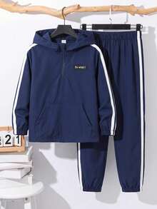 SHEIN 2件組兒童小男孩休閒日常百搭舒適拼接連帽半拉鍊套頭寬鬆長袖外套與寬鬆慢跑長褲梭織套裝，適合學校、花園、海灘、生日，春、夏、秋、冬四季穿著 - 藏蓝色 - 查看 3