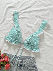 Swim Mod 女款夏季海灘甜美可愛格紋印花荷葉邊下擺白色蕾絲飾邊休閒度假泳裝上衣 - 薄荷綠 - 查看 3