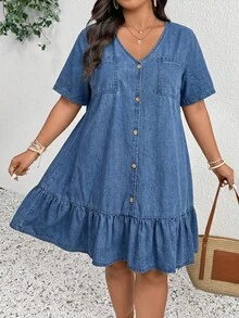 SHEIN CURVE+ Plus Size Vacation Casual Ruffle Hem Denim Dress Fall/Winter Elegant Casual Y2k Chic Basic Festival Back To School CURVE+ 5XL Ruffle Going Out - Blue - View 4