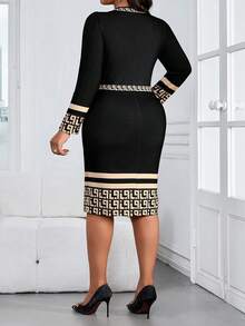 SHEIN Lady Women's Geometric Print Patchwork Long Sleeve Fitted Elegant Mature Classy Mid-Length Dress Teachers' Day Dinner Office Black And Gold Autumn - Multicolor - View 2