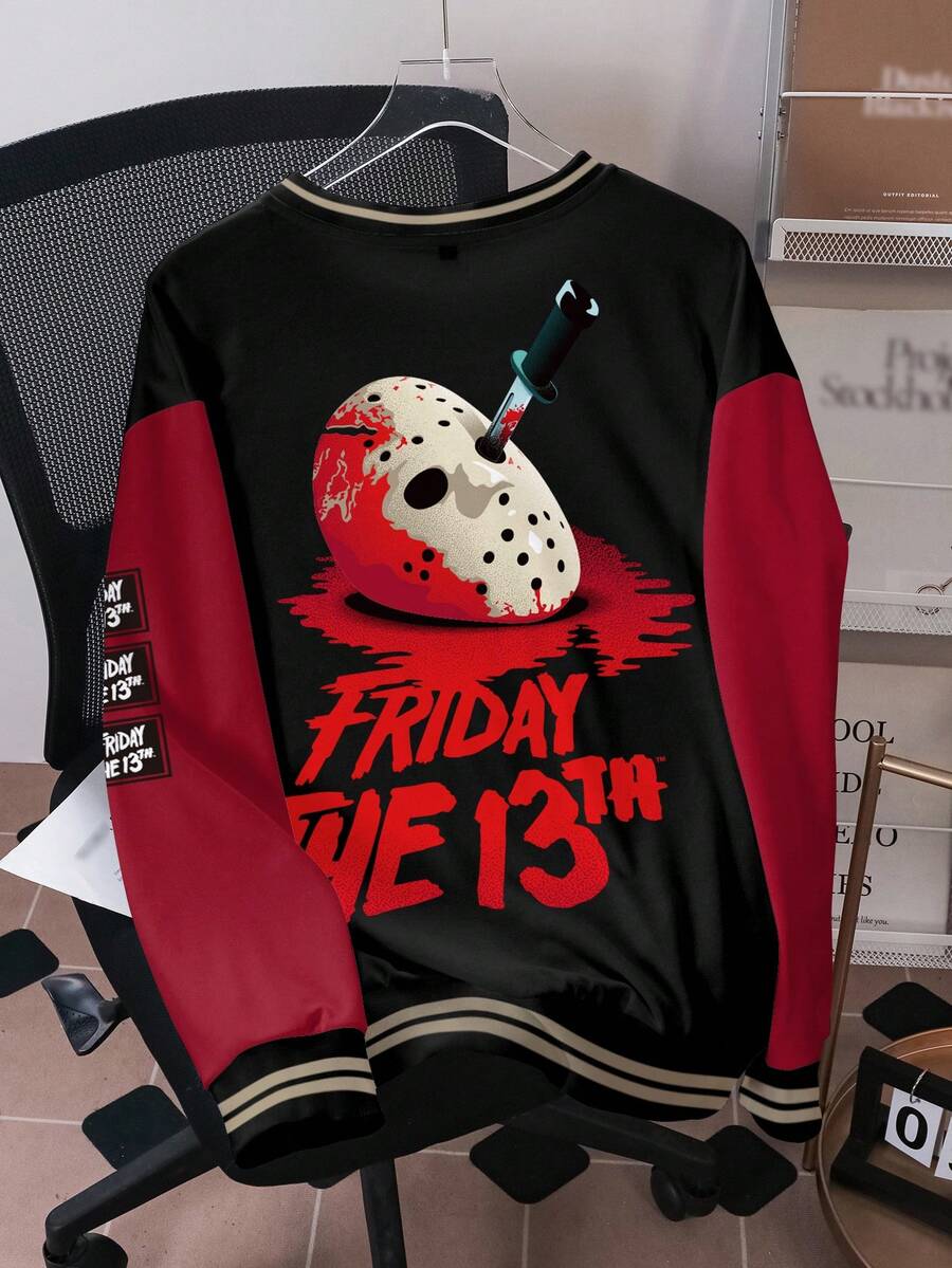WB Horror X SHEIN 男士拼色拼接深色印花套頭運動衫 - 白色 - 查看 1