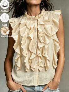 Zayélia Camisa sin mangas con detalle de volante en el frente, estilo casual de vacaciones de lino - Albaricoque - Ver 1