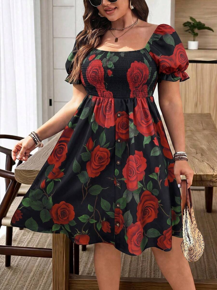 EMERY ROSE 女款大尺碼方領泡泡短袖棕紅玫瑰復古度假風蓬蓬袖前開鈕扣裝飾洋裝 - 黑色 - 查看 1