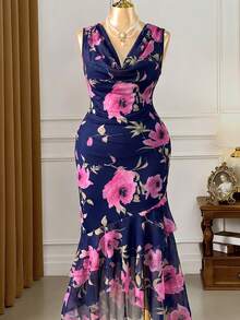 Rometta Plus Size Women's Elegant Knit Sleeveless Mesh Pink Floral Digital Print Double Layer Long Dress - Navy Blue - View 6