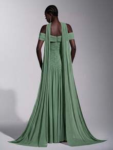 Elitara Elegant Minimalist Chic Off-Shoulder Ruched Asymmetric A-Line High Slit Dress, Suitable For Weddings, Formal Events, Galas, And Cocktail Parties - Green - View 2