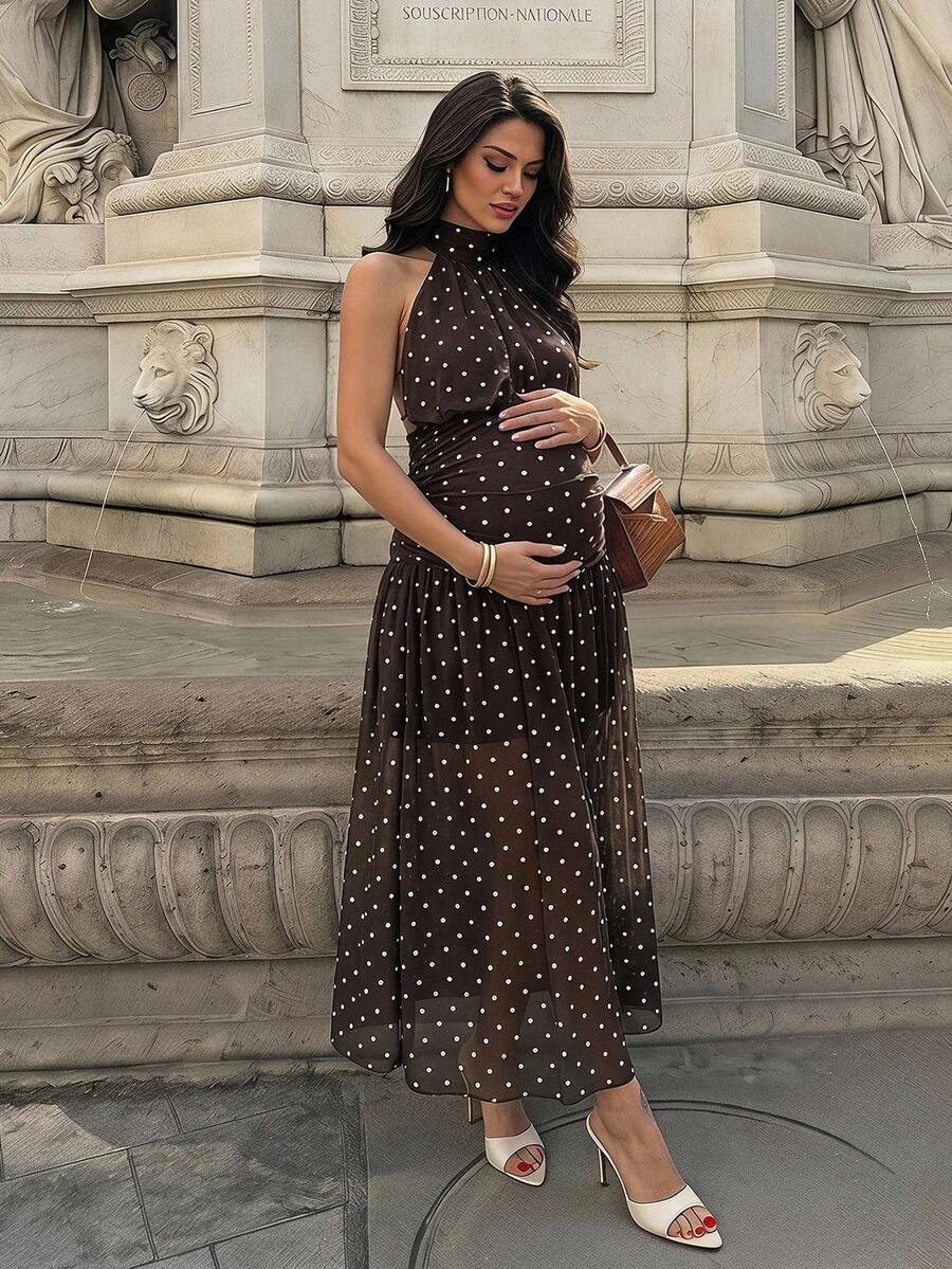 MaterniChic Maternity Summer Vintage Sexy Vacation Style Polka Dot Print Backless Knot Halter Neck Dress - Brown - View 1