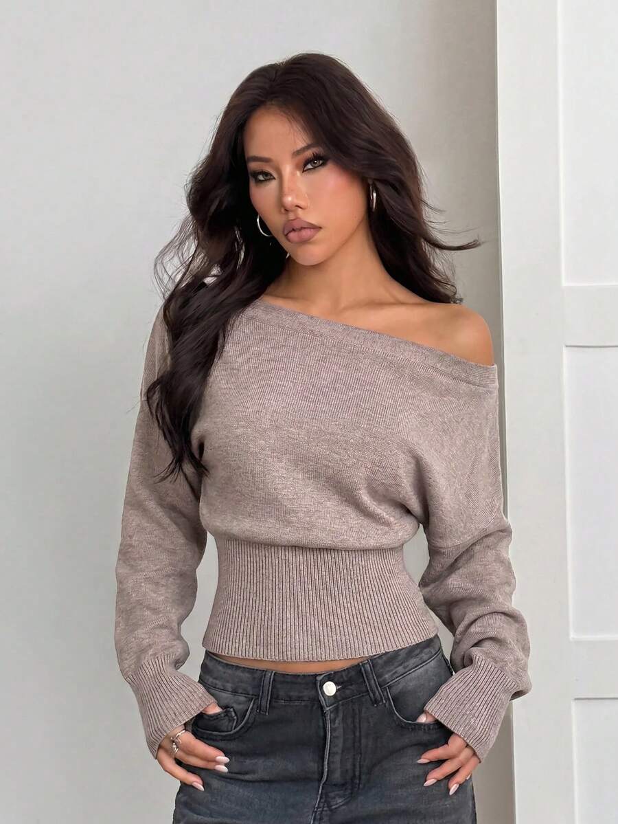 SHEIN PETITE 3D Floral Asymmetrical Shoulder Beige Autumn/Winter Romantic Loose Knit Sweater - Khaki - View 1