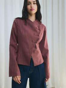 Nöista 棕色細條紋西裝外套，配青蛙扣設計，適合辦公室、秋季與休閒正式穿搭 - 中紫紅色 - 查看 6