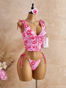 Mistrie Conjunto de 2 piezas de bikini para mujer primavera/verano nuevo con estampado retro, escote en V profundo, cordón, fruncido, espalda descubierta y Bottom de bikini triangular con lazo lateral - Multicolor - Ver 3