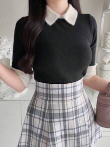 FRIFUL Áo dệt kim nữ phối màu phong cách thường ngày đa năng mặc hàng ngày mùa hè - màu đen - Xem 2