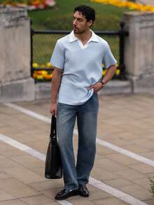 YOUESAWY YOUESAWY 男士梭织休闲常规款短袖 Polo 衫，Old Money - 藍色 - 查看 5