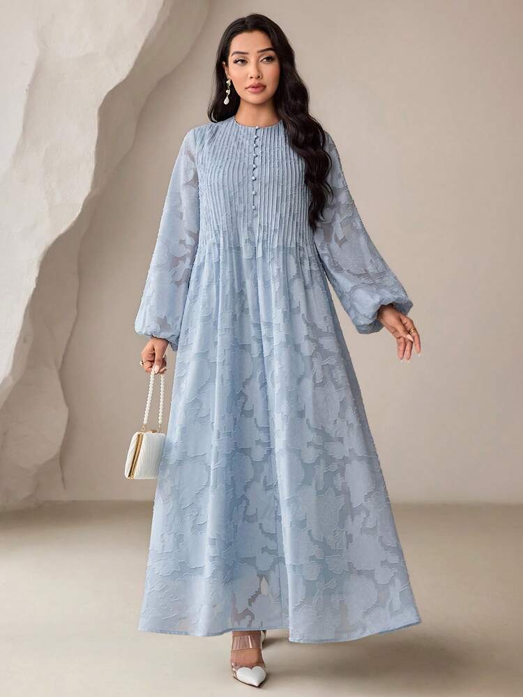 Veilorie Women's Jacquard Pleated Casual Elegant Party Holiday Dress Light Blue Floral Autumn