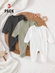 SHEIN Vintaside Kids 3件組新生兒嬰兒連身衣套裝，長袖連腳爬行服，居家穿著，適用男嬰女嬰，橄欖綠、淺灰色、白色，秋冬保暖舒適 - 彩色 - 查看 6