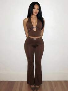 Slaydiva Summer Sexy Spaghetti Strap Eyelet Strap Crop Top And Flare Pants 2 Pieces Set - Brown - View 5