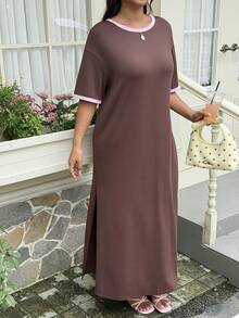 GalTyme Plus Size Pink Color Block Round Neck Side Slit Short Sleeve Dress Vacation Summer Traditional - Brown - View 2