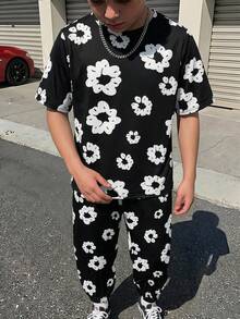 SHEIN 青少年男孩 2件/套休閒花卉印花套裝，黑色T恤配白色花卉圖案與配套長褲，適合春、夏、秋季日常穿著、旅行、輕量運動 - 黑與白 - 查看 5