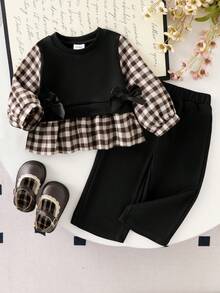 Elladie kids 嬰兒/幼兒（女童）針織黑色拼接格紋長袖蝴蝶結T恤上衣＋羅紋長褲 2件套，休閒可愛日常穿搭，秋季 - 黑色 - 查看 1