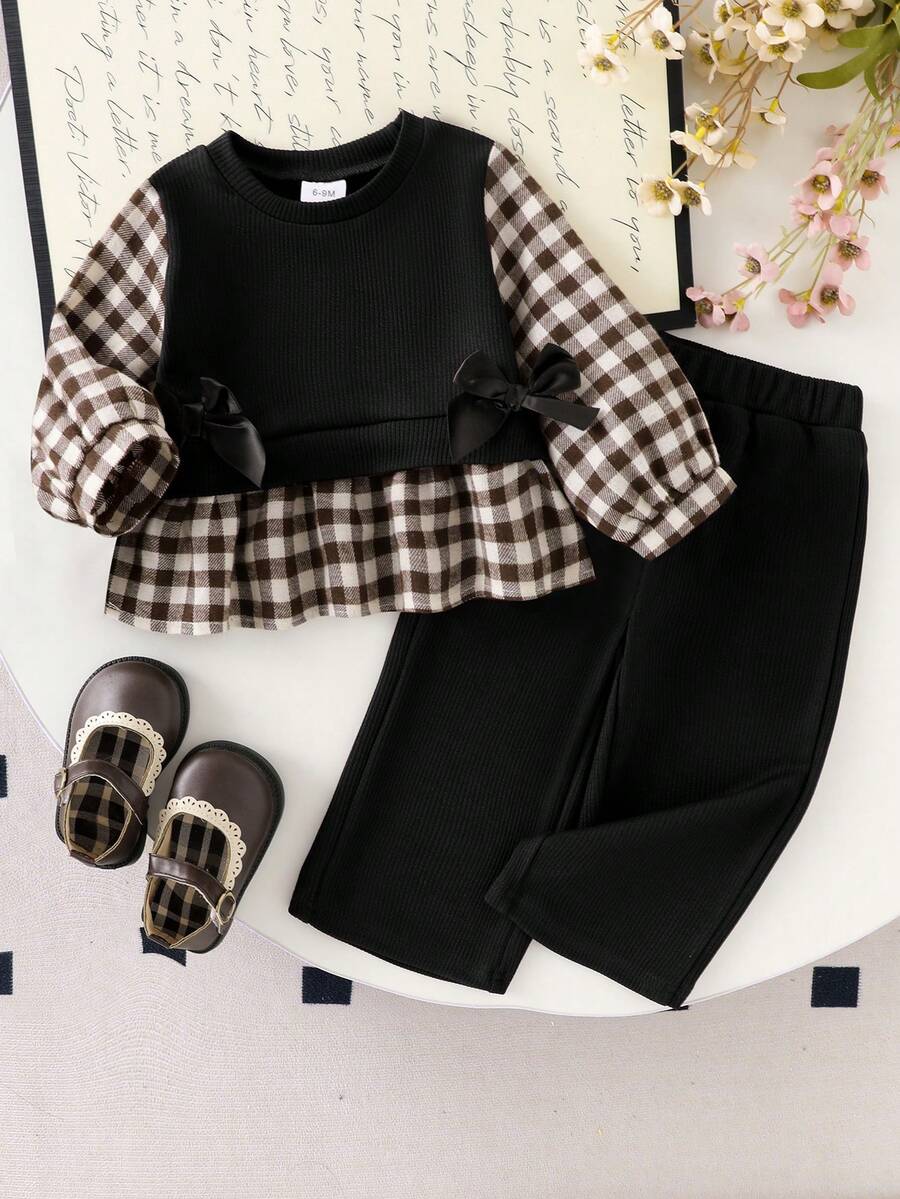 Elladie kids 嬰兒/幼兒(女童)針織黑色拼接格紋長袖蝴蝶結T恤上衣+羅紋長褲 2件套,休閒可愛日常穿搭,秋季 - 黑色 - 查看 1