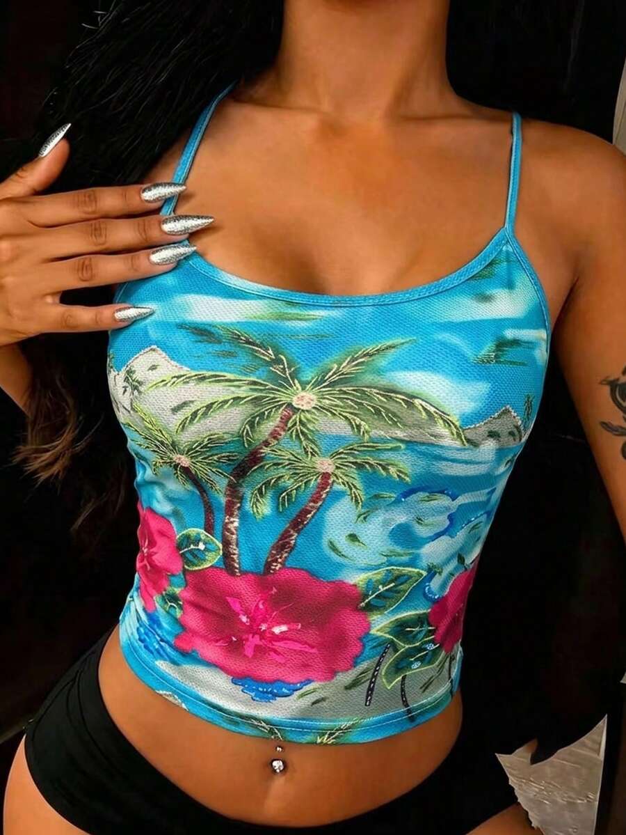Rovax 女士常规版型棕榈树印花露脐吊带背心 - 彩色 - 查看 1