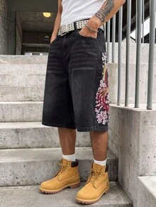 Manfinity EMRG 男士休閒街頭風刺繡黑色牛仔短褲 - 黑色 - 查看 6