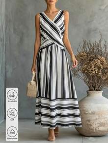 SHEIN Holidaya Women's Casual Coastal Vacation Striped Dress, Summer Versatile, Hem Slit, Textured Fabric Print, Daily, Christmas New Year Outfit, Beach Outfit - Multicolor - View 3