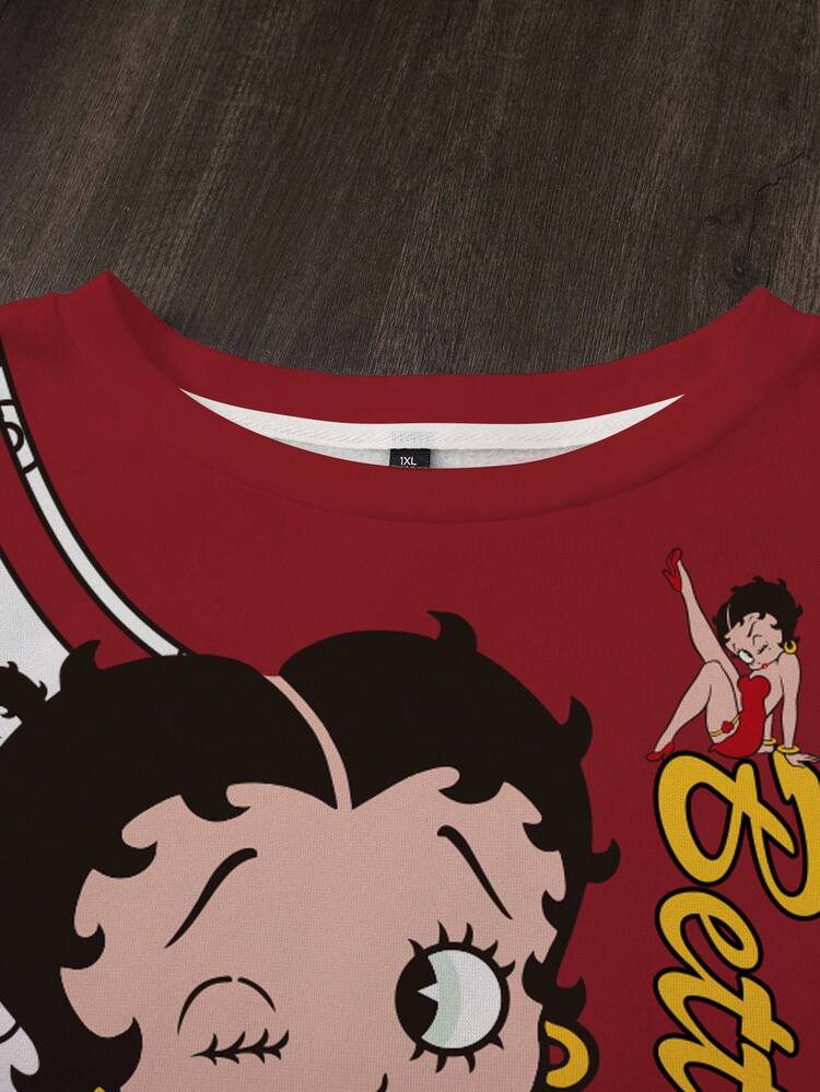 Betty Boop x SHEIN Plus Size Cartoon Pattern Letter Print Crew Neck Long Sleeve Sweatshirt - White - View 4