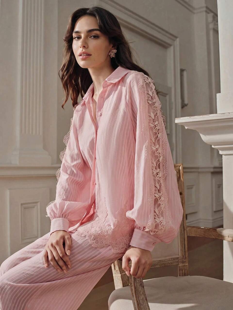Anewsta Women's Elegant Pink Checkered Shirt With Lace Trim + Straight Leg Pants With Lace Trim 2 Pieces Set Brunch Tea Party Autumn