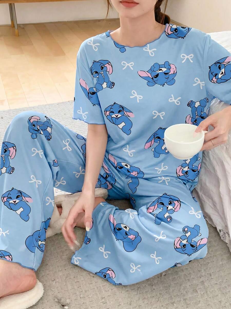 Tween女孩睡衣優雅蝴蝶結與兔子印花對比波浪飾邊3D蝴蝶結裝飾短袖長褲家居服2件套睡衣1套 - 藍色 - 查看 1