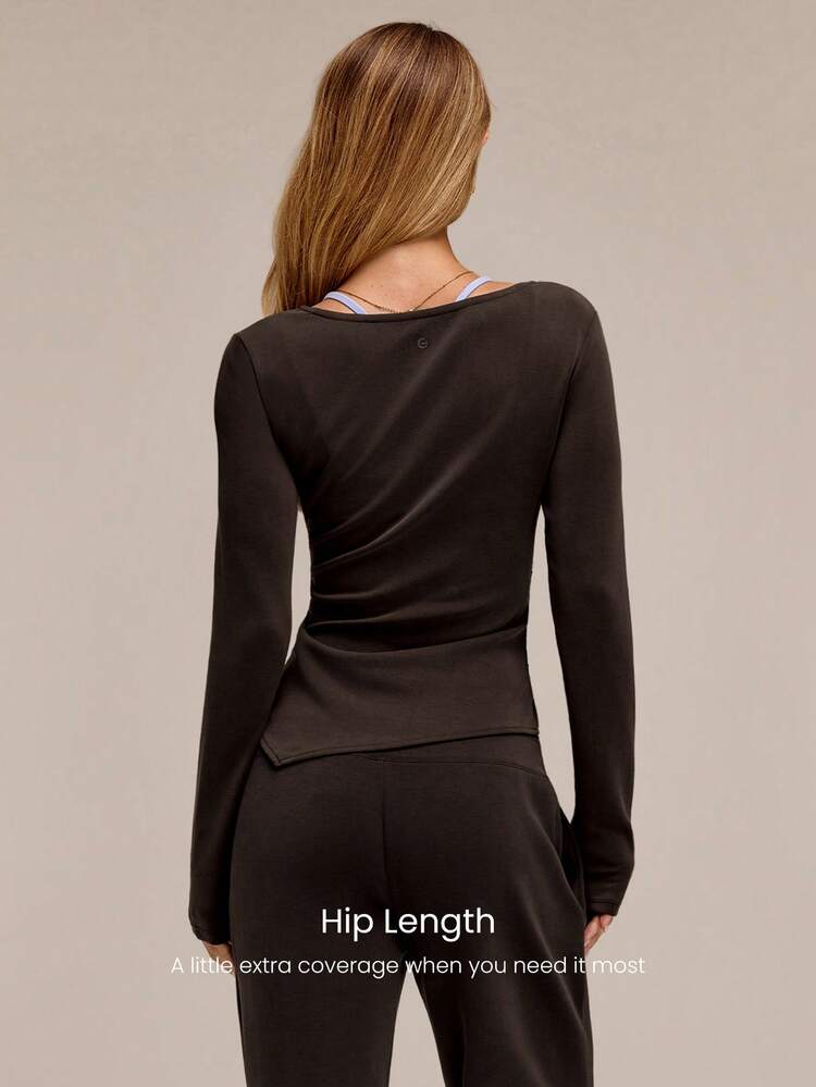 GLOWMODE SoftCalm Modal Feel The Flow Silky-Smooth Breathable Drapey Front Twist Long Sleeve Top With Asymmetric Hem Daily Casual - Brown - View 2