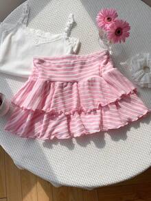 Comfortcana Women's Pink And White Striped Double Layer Ruffle Hem A-Line Short Skirt For Summer Going Out Beach Vacation Cute Y2k - Pink - View 3