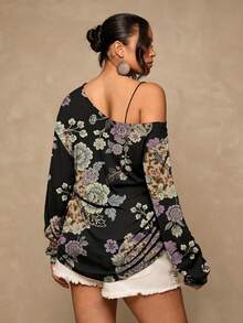 Freevana Plus Size Women's Casual Minimalist Floral Print T-Shirt Suitable For All Seasons Sexy One-Shoulder Design With Vintage Print Vacation Outfits Women - Multicolor - View 2