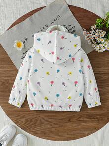 SHEIN Elladie kids 女童新款春夏/秋冬白色多彩花卉圖案紋理布料拉鍊連帽開襟衫，適合日常休閒時尚，可愛優雅且具運動風穿搭 - 白色 - 查看 2