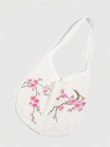 ROMWE Kawaii 1件時尚針織單肩包，白色鏤空梅花刺繡單肩包，適合日常穿搭 - 白粉色 - 查看 3