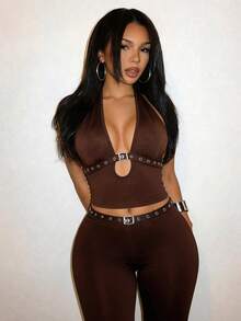 Slaydiva Summer Sexy Spaghetti Strap Eyelet Strap Crop Top And Flare Pants 2 Pieces Set - Brown - View 4