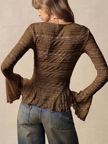 Bohemela Women's V-Neck Flared Sleeve Lace Fitted Fashion T-Shirt - Coffee Brown - View 8