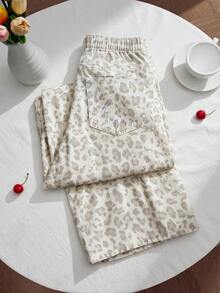 SHEIN PETITE CURVE Petite Size Women's Back Elastic Waist Leopard Print Loose Wide Leg Jeans Casual Grunge Everyday Summer Vacation Streetwear Pants Holiday Beige - White - View 2