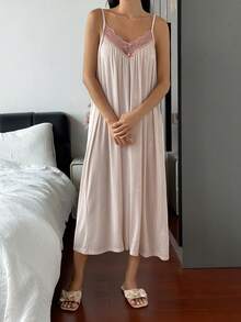DAZY 女款蕾絲拼接百褶休閒居家背心睡裙 - 杏色 - 查看 7